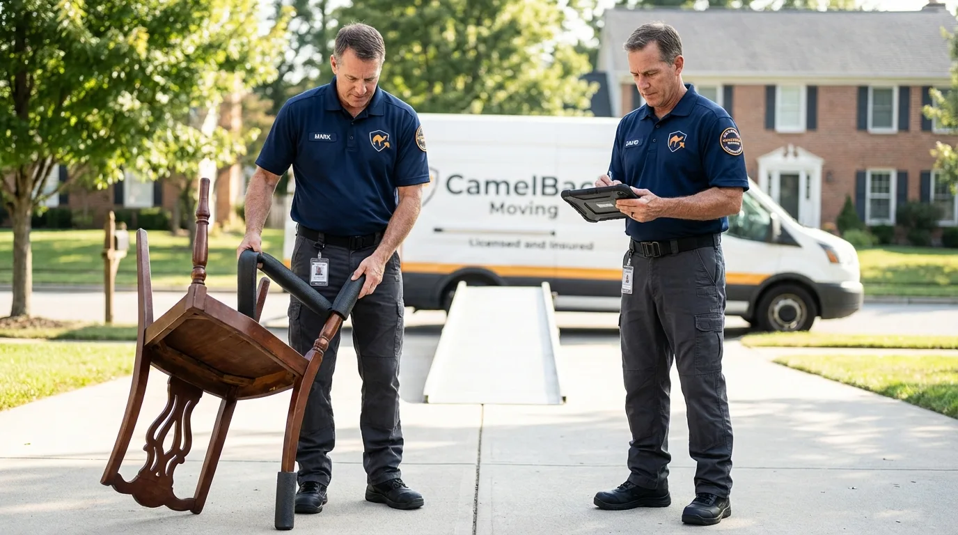 Movers inspecting furniture for damage prevention before loading in Marion, MA