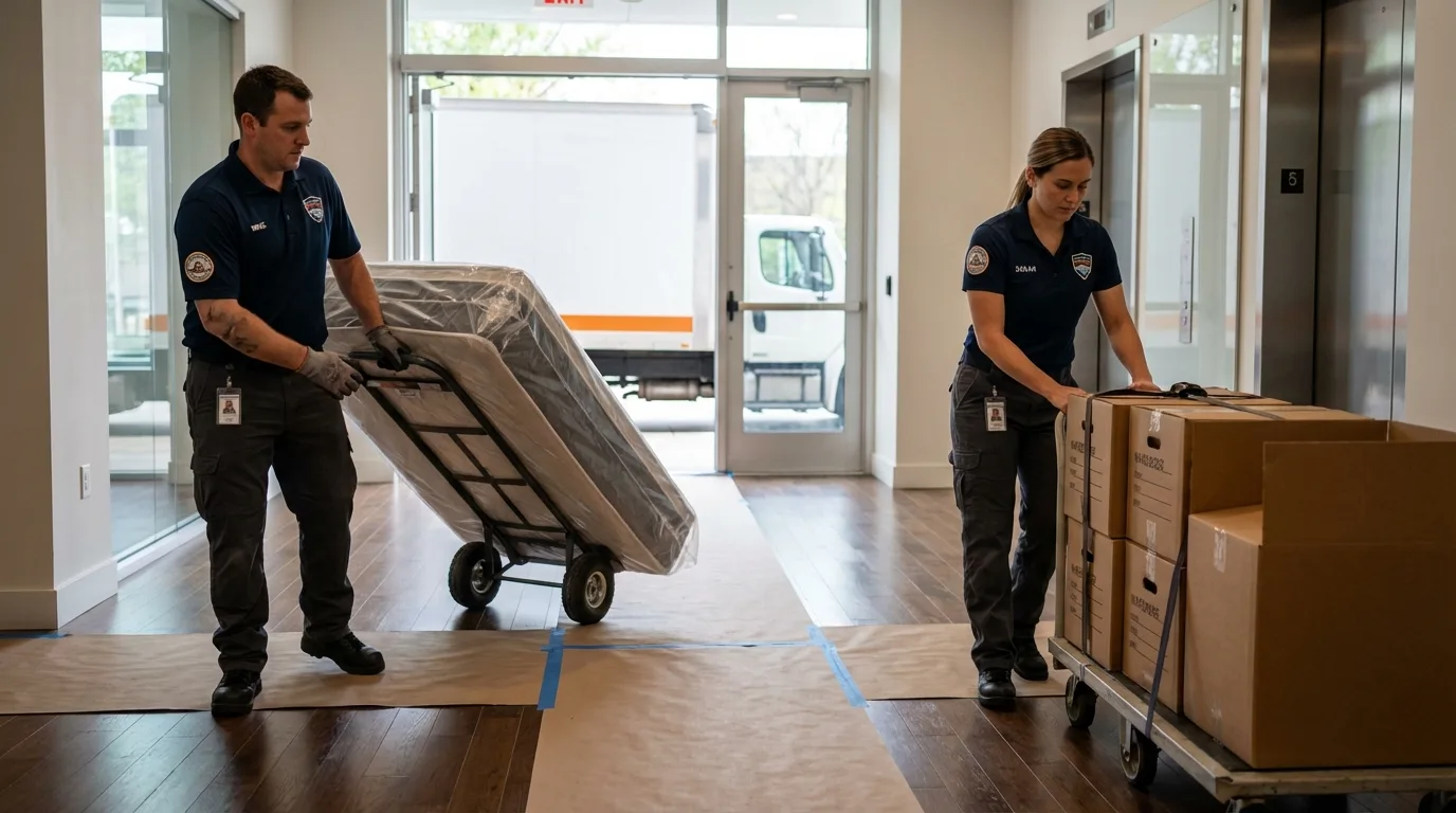 Professional apartment movers loading elevator in Marion, MA