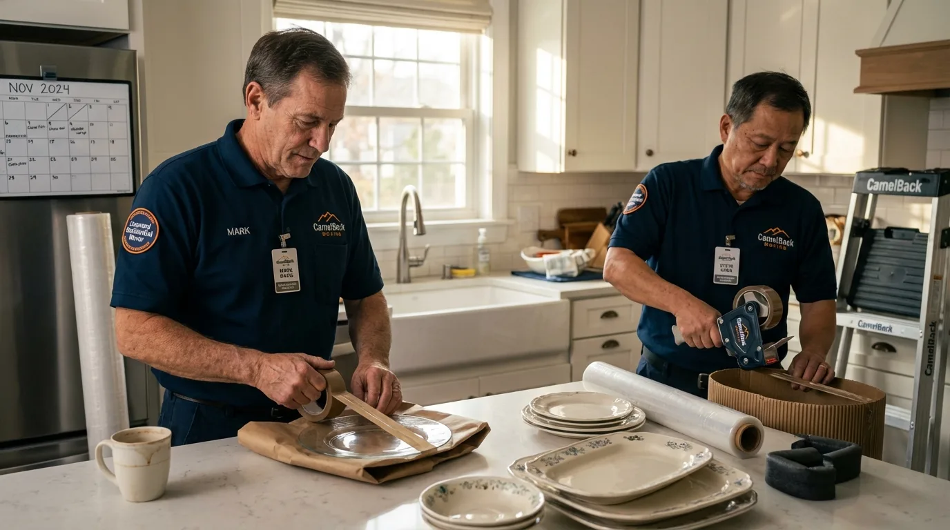 Professional crew packing kitchen dishware in Marion, MA
